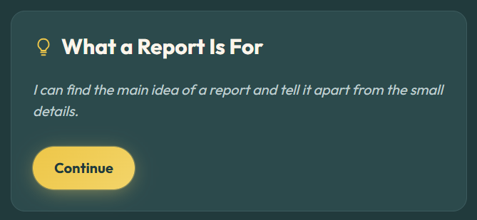 StoryForge Ed Objective screen: I can find the main idea of a report and tell it apart from the small details.