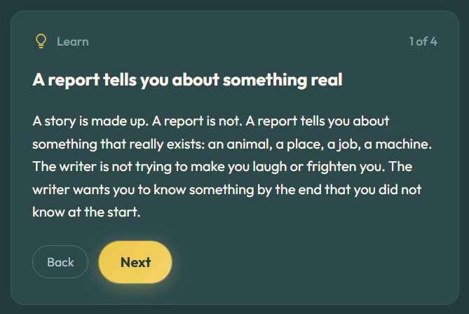StoryForge Ed Learn step explaining what a report is