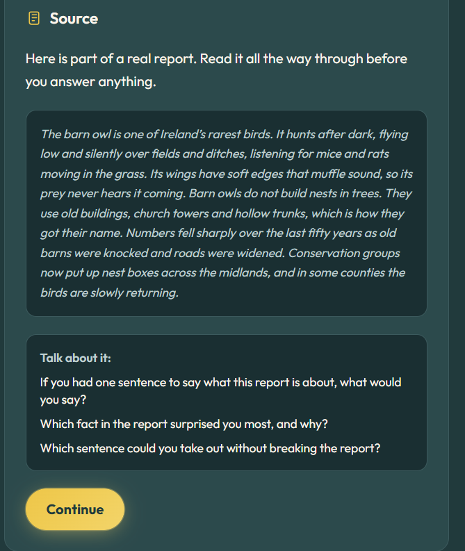 StoryForge Ed Source step with a real extract about barn owls and discussion questions