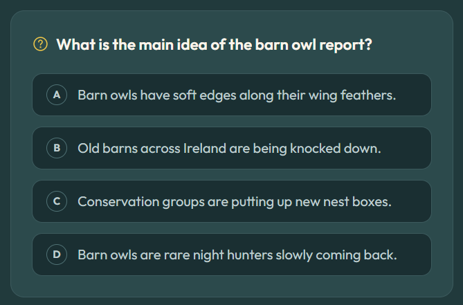 StoryForge Ed multiple choice question asking what the main idea of a barn owl report is