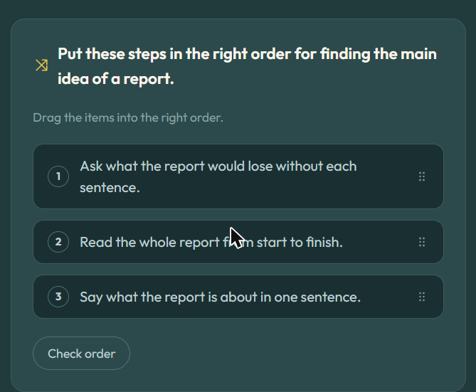 StoryForge Ed ordering activity for the steps to find a report's main idea
