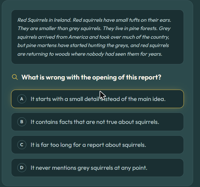 StoryForge Ed Spot the Problem step with a flawed report opening about red squirrels