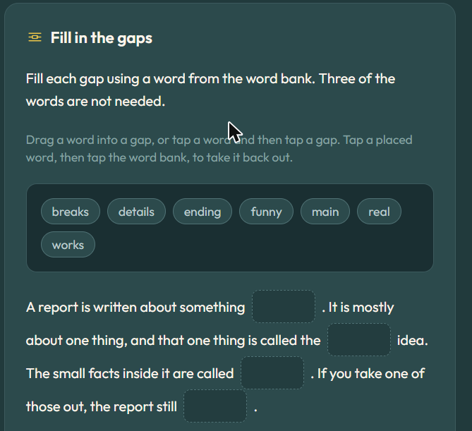 StoryForge Ed Cloze step with gaps filled in from a word bank