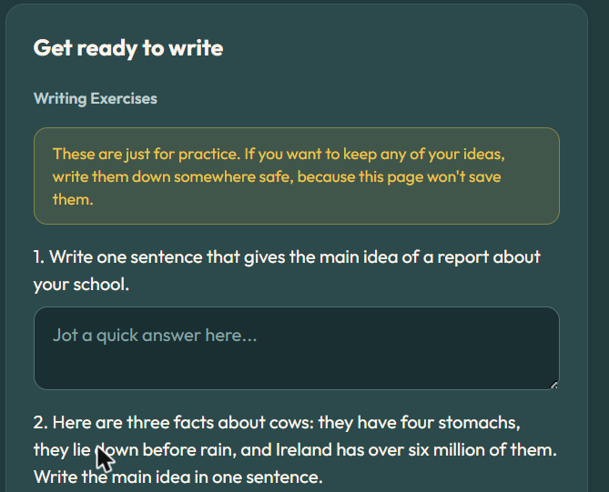 StoryForge Ed writing exercises step with short practice prompts