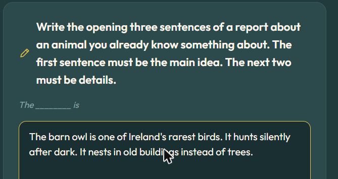 StoryForge Ed Write step with the opening sentences of a report about barn owls