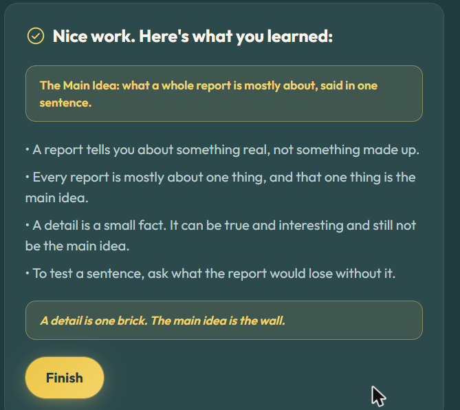StoryForge Ed Summary step restating the term with four bullets and a Golden Sentence